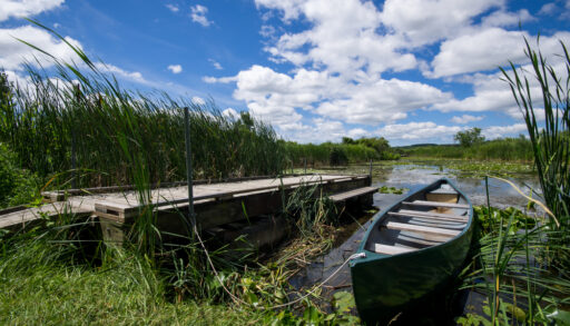 Canoe next to a wooden dock on the Wye Marsh, Midland, Ontario.