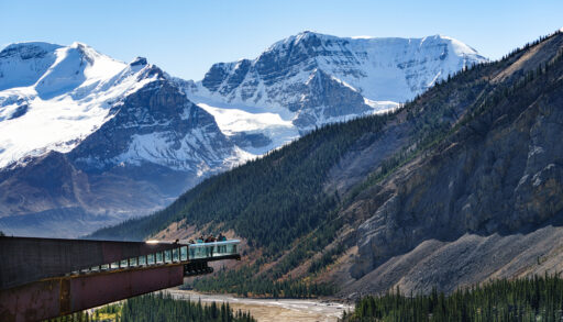 View of the Glacier Skywalk in Jasper National Park surrounded by mountains and trees.
