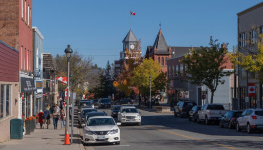 View of a street in Huntsville, Ontario.