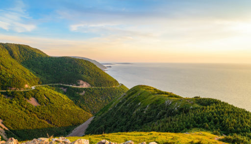 Skyline Trail look-off at sunset on French Mountain in Cape Breton, Nova Scotia.