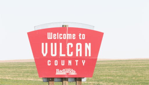 The welcome sign for Vulcan, Alberta