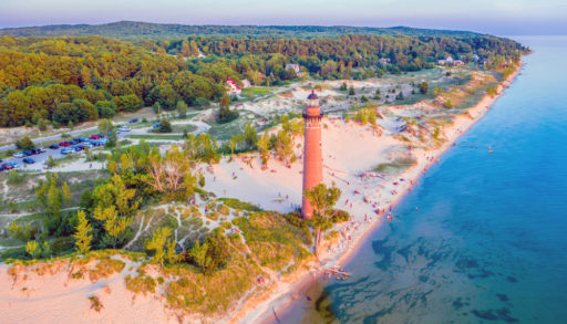 Aerial View of Little Sable Point Lighthouse, located on Lake Michigan at Silver Lake State Park near Mears, Michigan