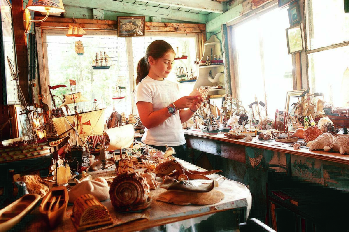 a young girl stands in the Martime Museum at the Silverstone cottage with many model ships and sea creatures