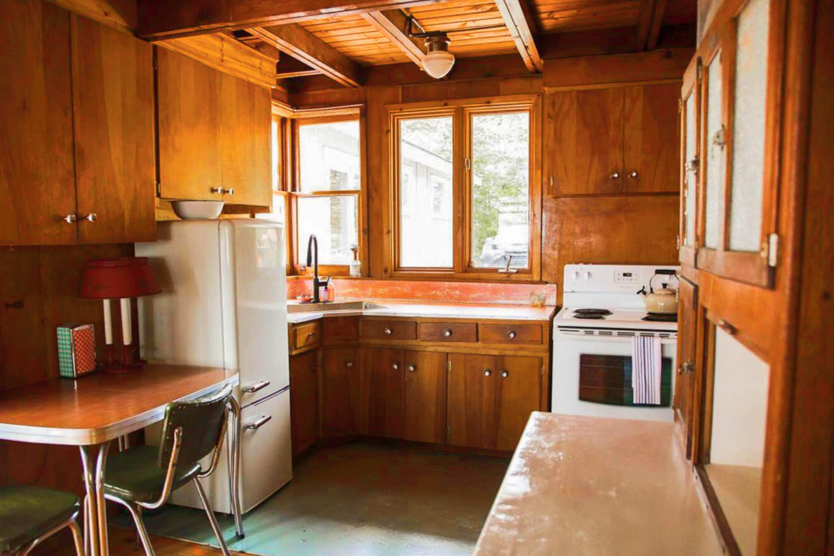 interior of the plywood kitchen in Heather Rice's cottage