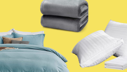 a duvet cover set, a throw blanket, and pillow sets on a yellow background
