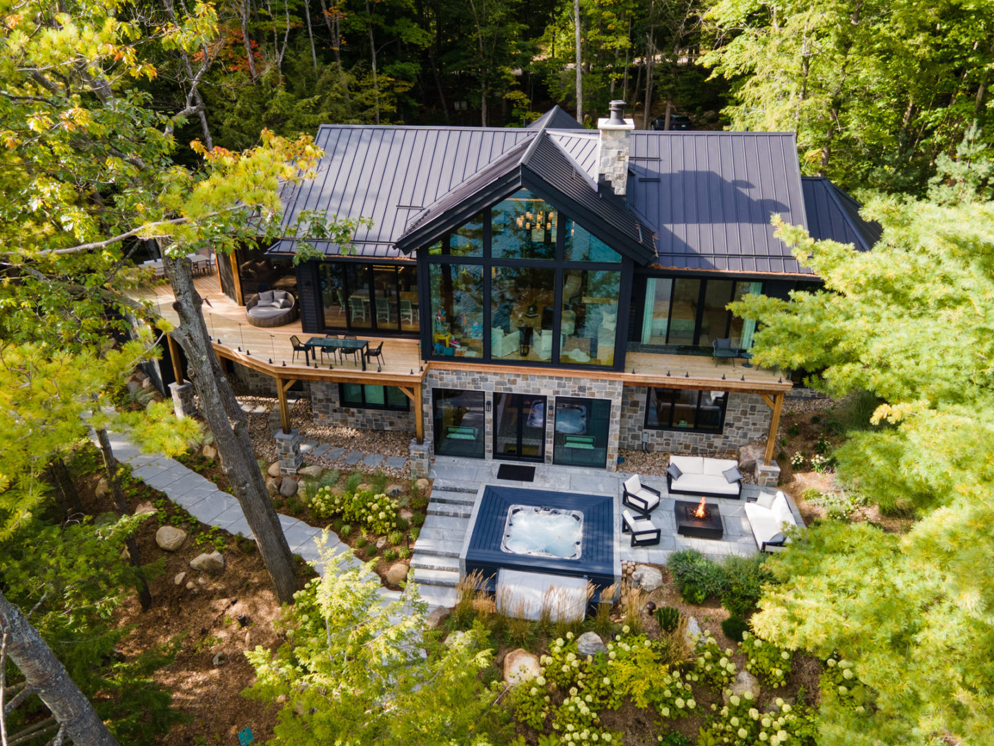 Overhead view showing cottage and entertaining area
