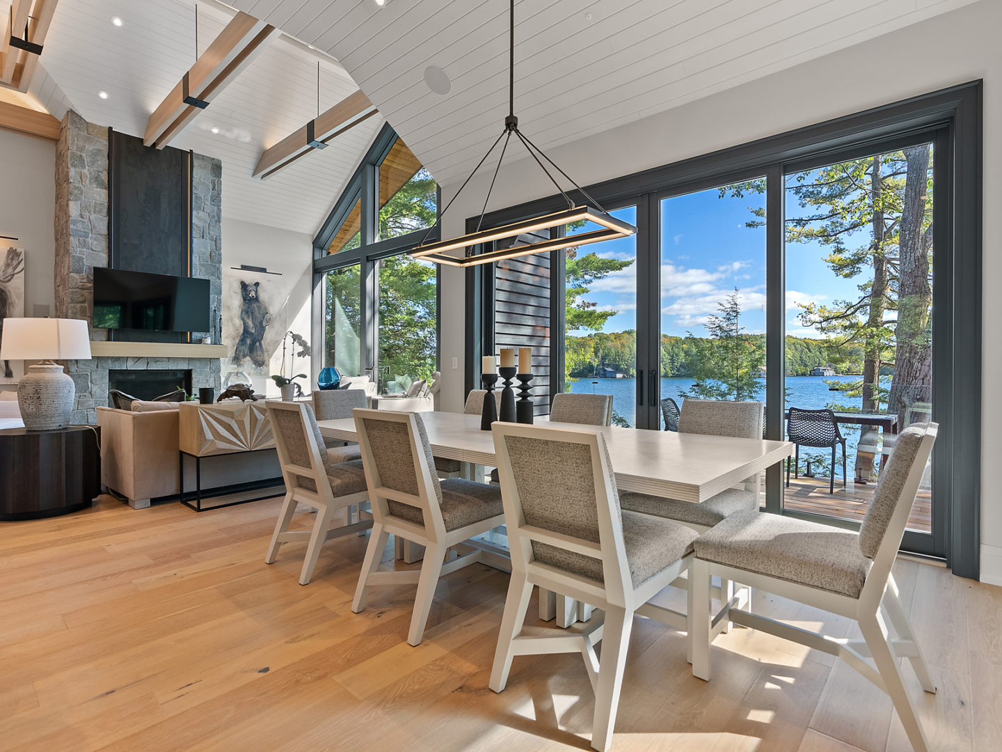 Open-concept dining room overlooking Lake Joseph