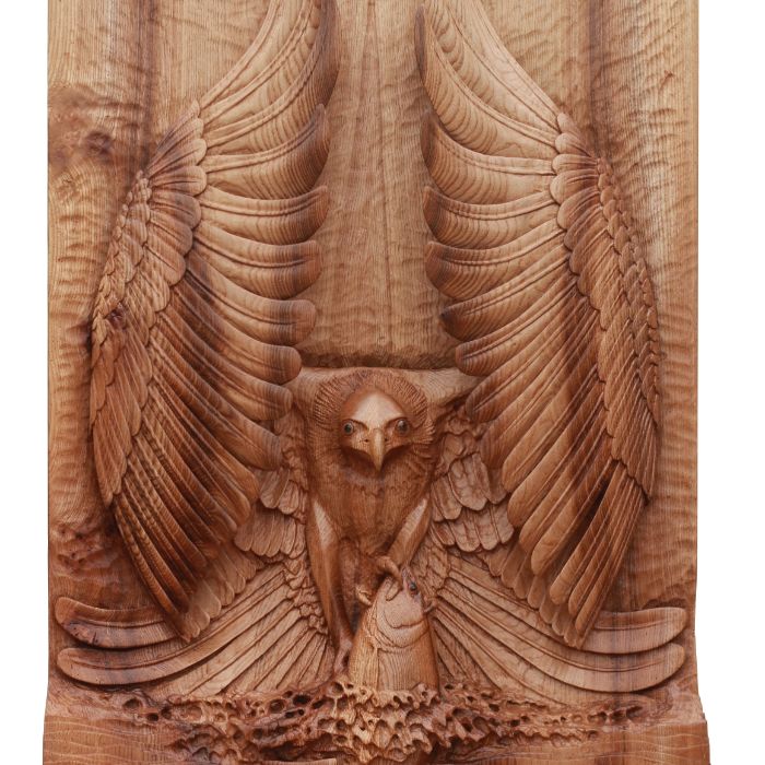 An eagle carved into wood