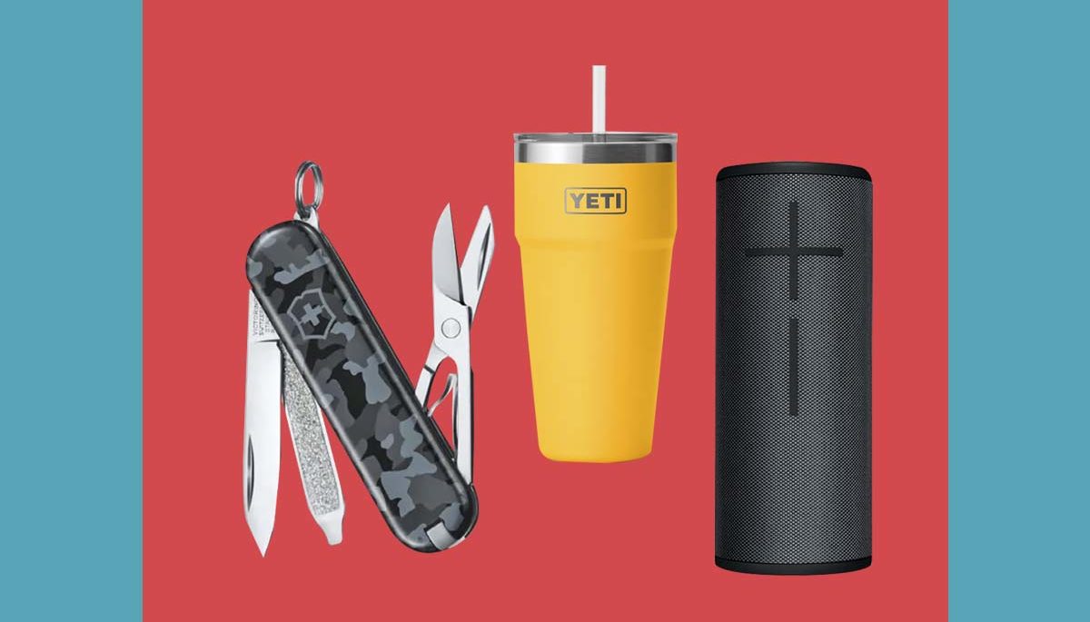 swiss army knife, drink cup with straw and bluetooth speaker