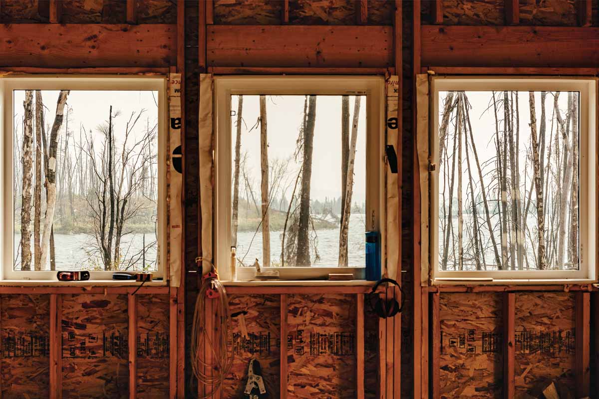 Interior view of windows in the partially constructed cottage