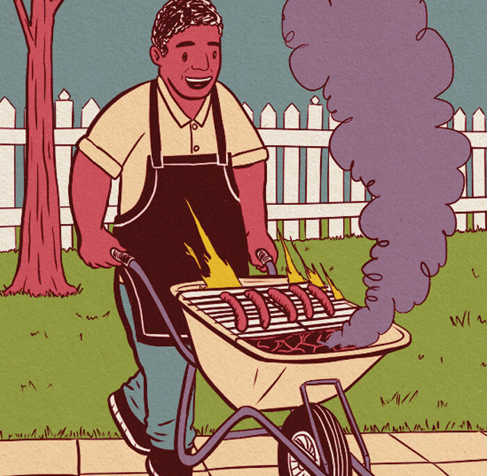 Illustration of man with a grill in a wheelbarrel