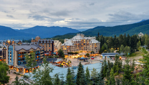 Whistler, British Columbia, Canada from afar with the mountains in the background