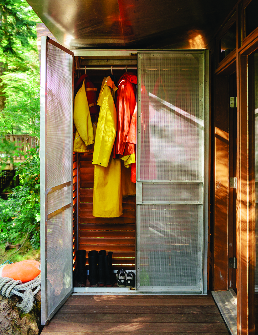 A photo of an outdoor closet storing rain gear