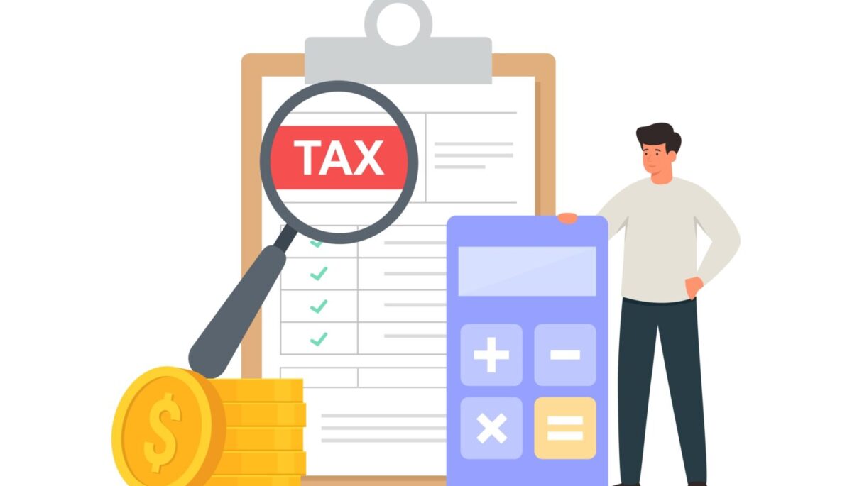Tax return and calculator illustration