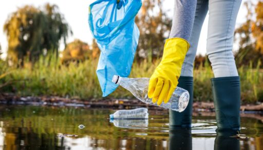 a person with a bag picking plastic out of a swampy area
