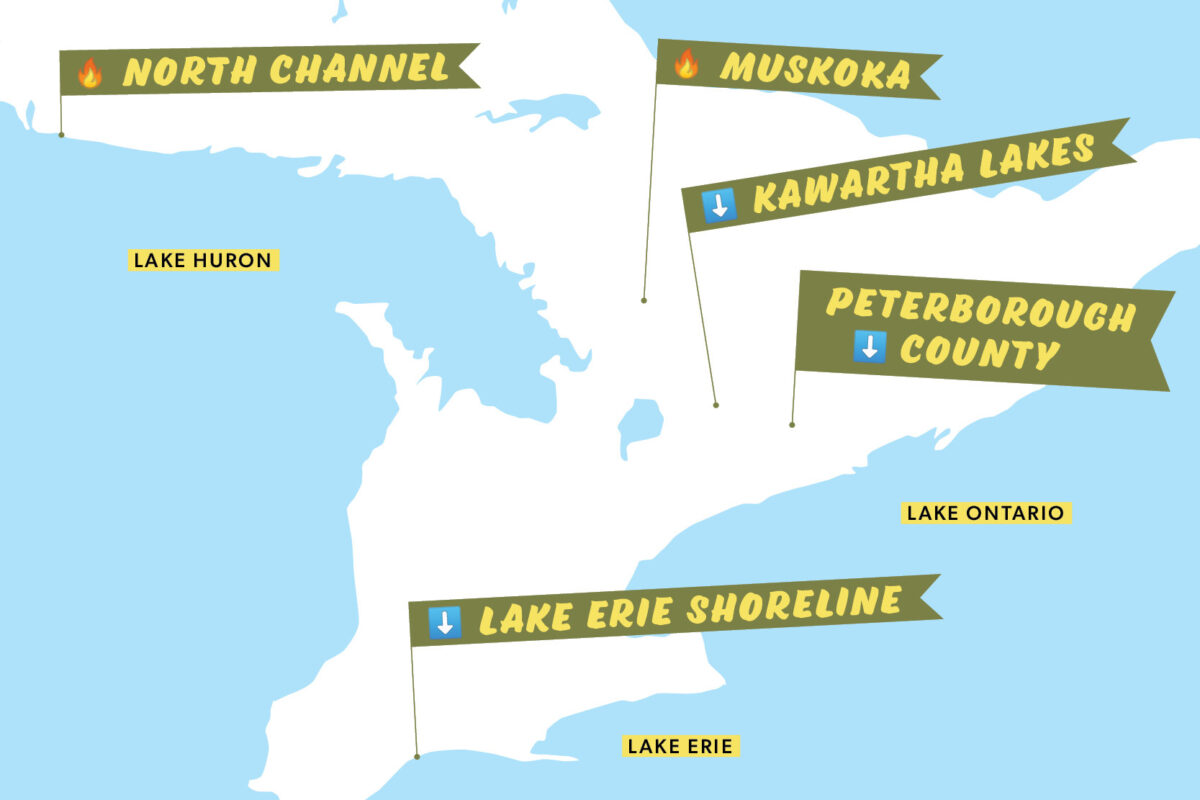 Map of Ontario showing what cottage regions are seeing a price increase