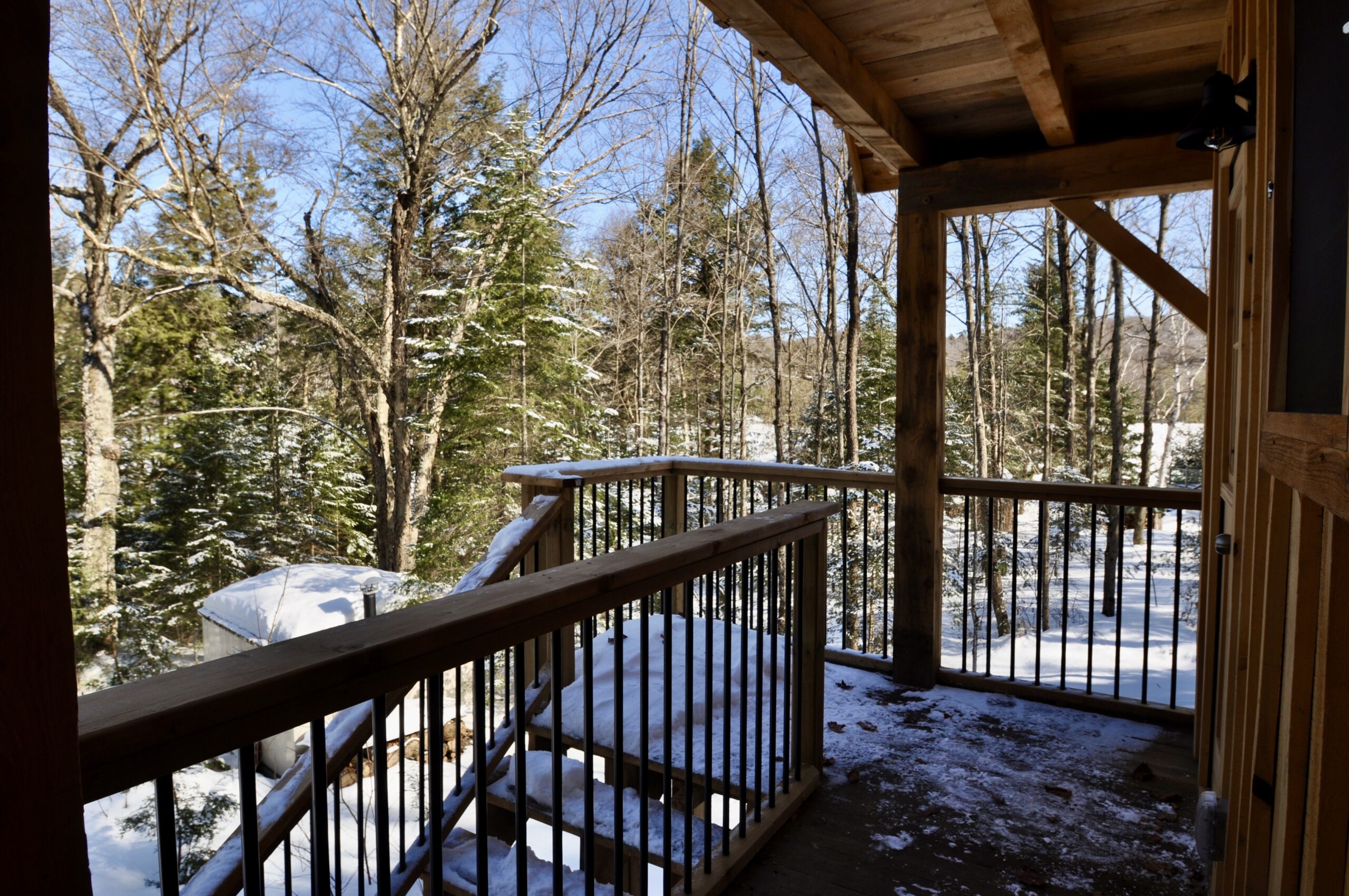 A big deck looks out over a snowy wooded area.