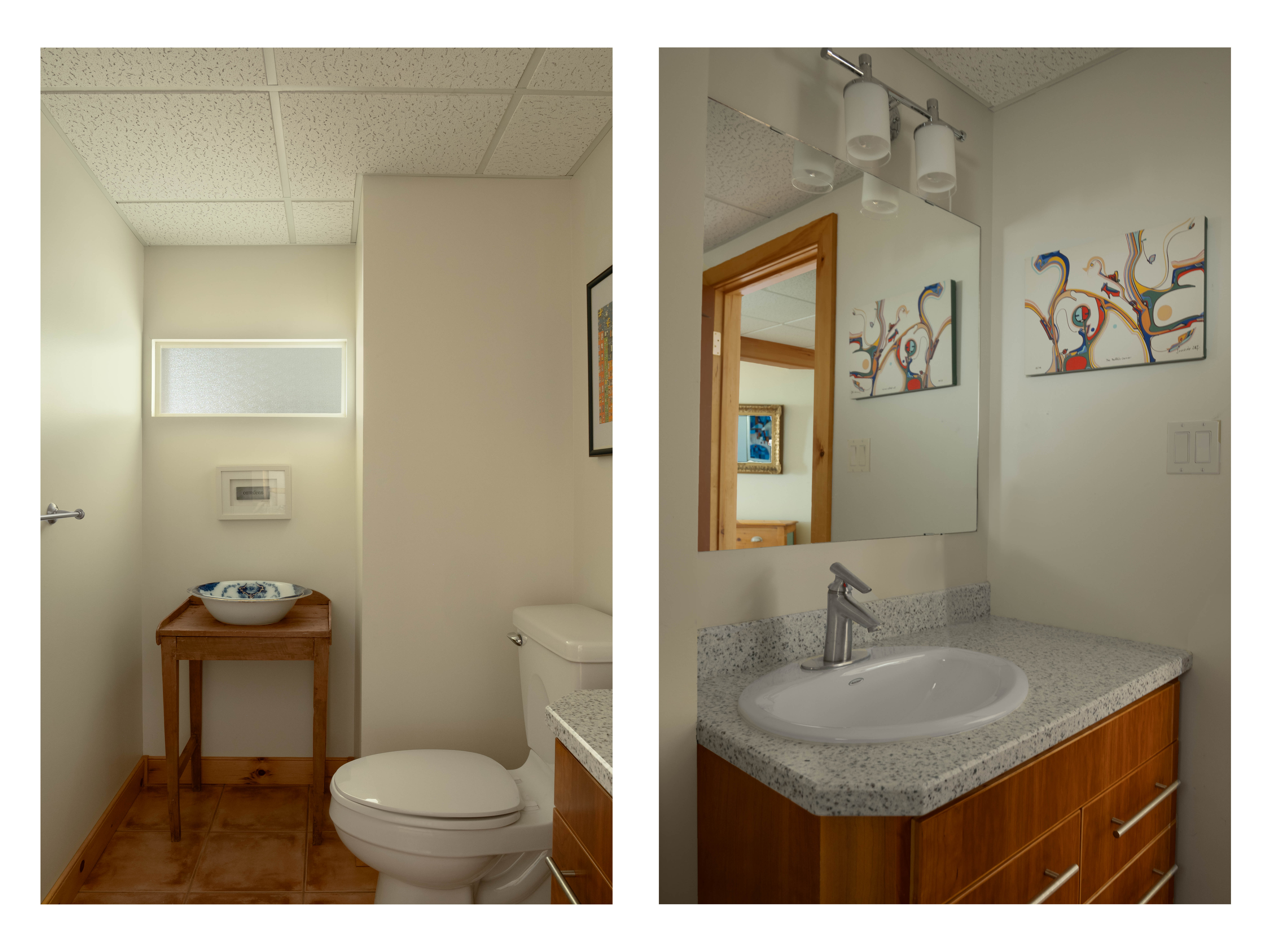 Two images, showing two different angles of a bathroom. The first image shows a toilet, a small table, and a window. The second image shows a sink with a mirror hanging above.