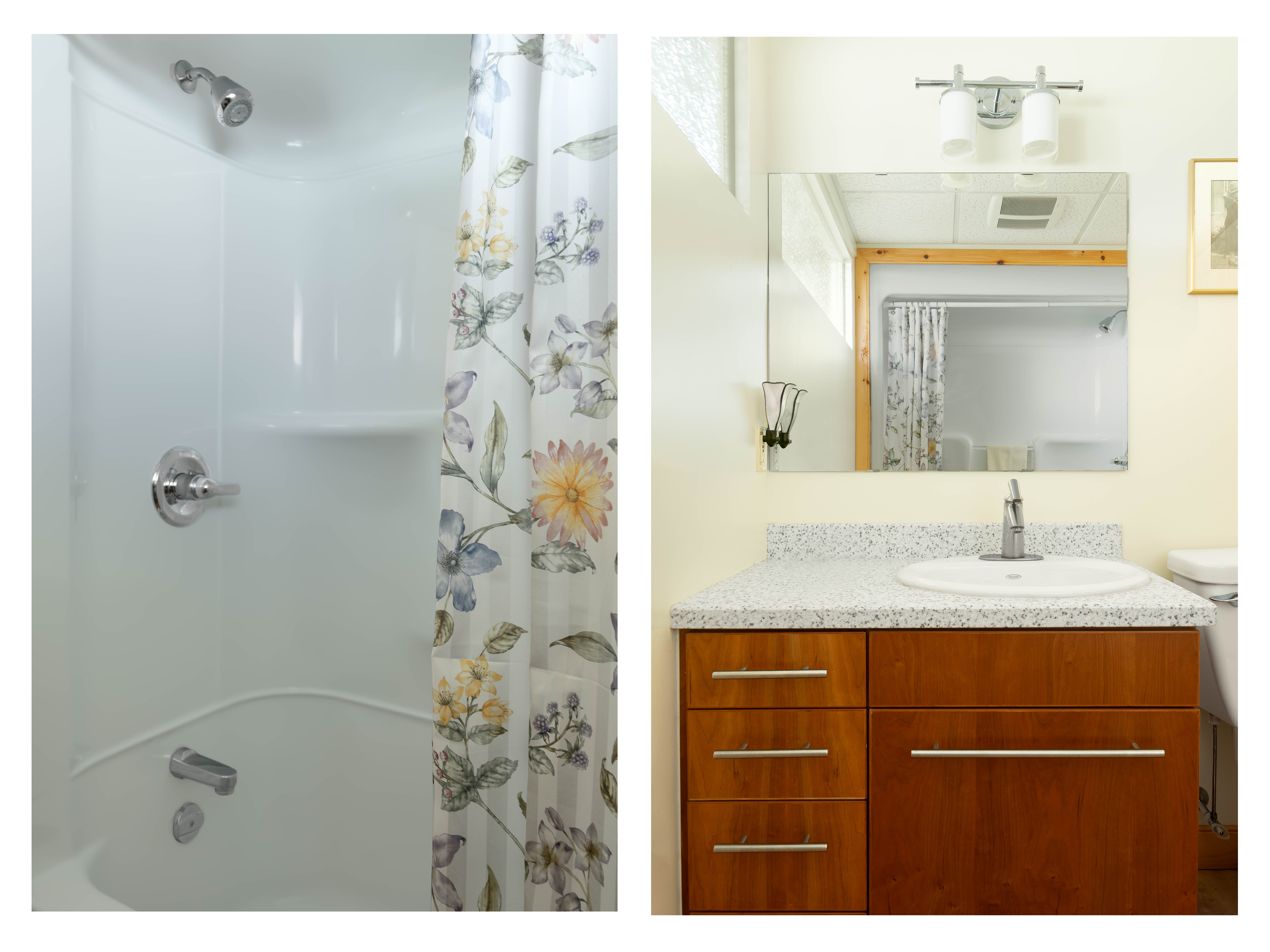 Two images shows different parts of the same bathroom. One image shows a walk-in shower, and the other shows a sink with a mirror hanging above.