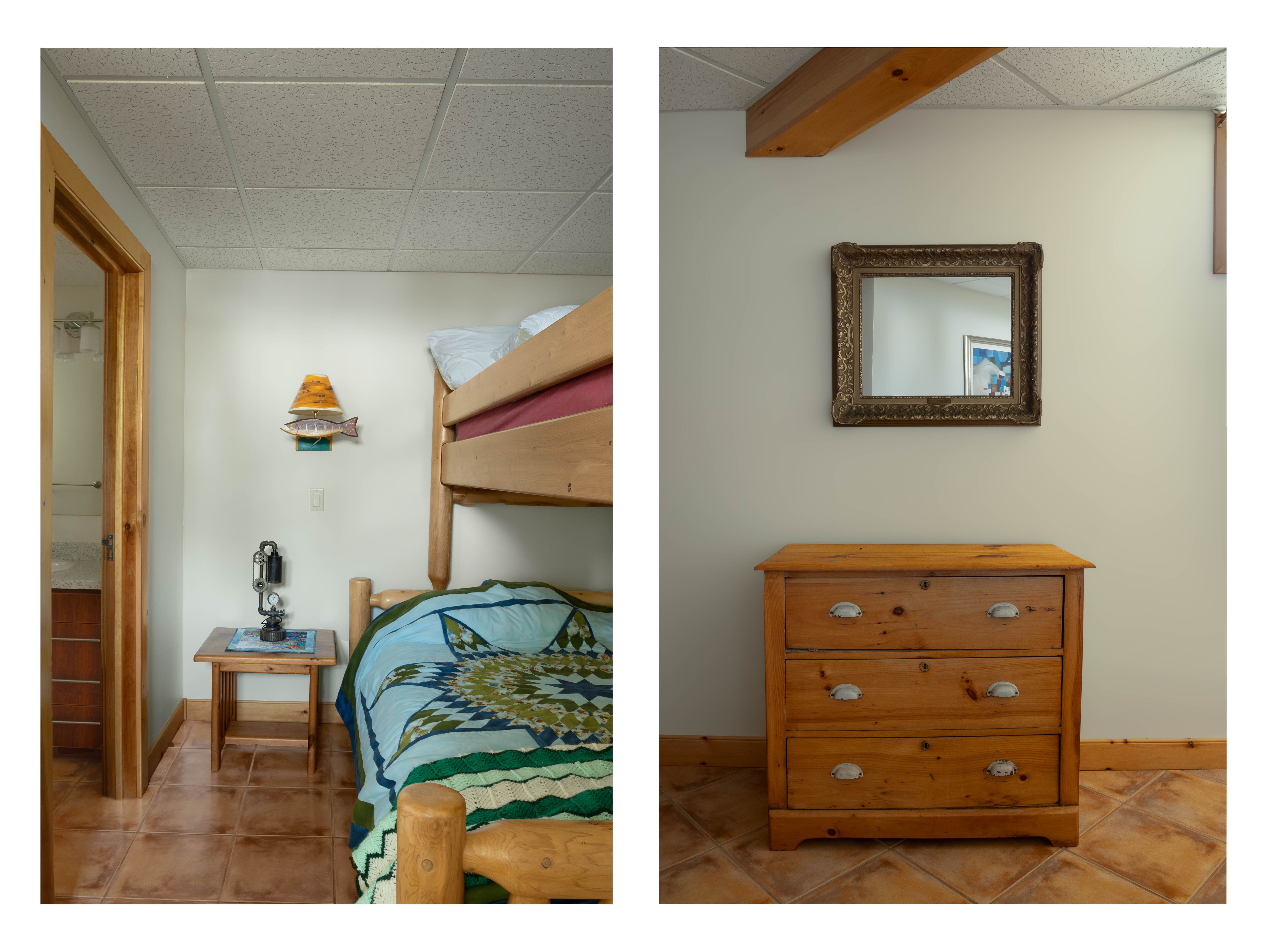 Two images. One shows bunk beds with a small side table, and one shows a small wooden dresser, in the same room.