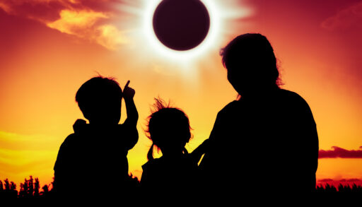 three people watching a solar eclipse
