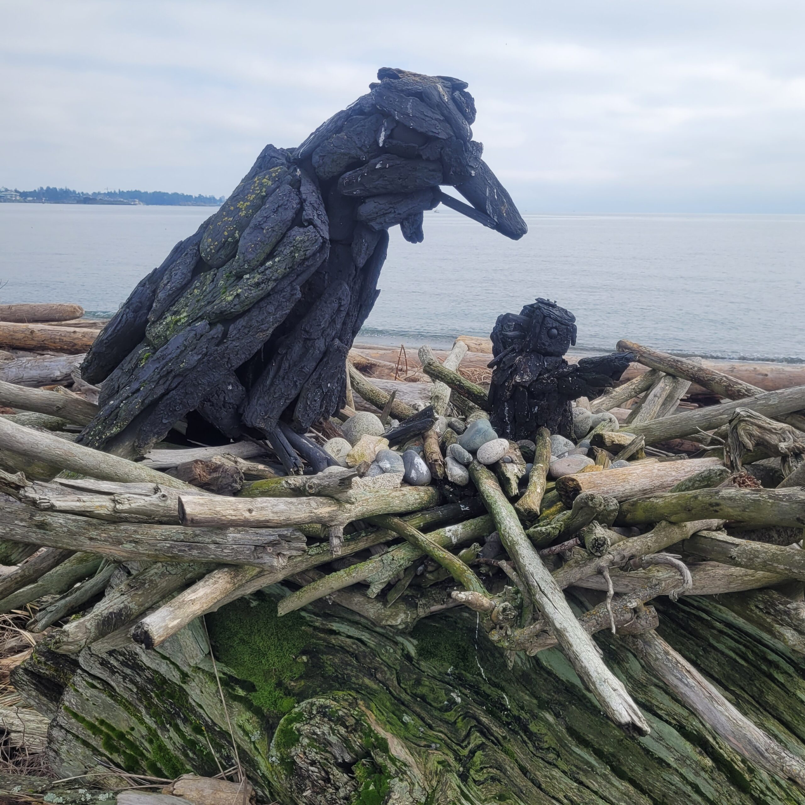 a driftwood sculpture of a raven