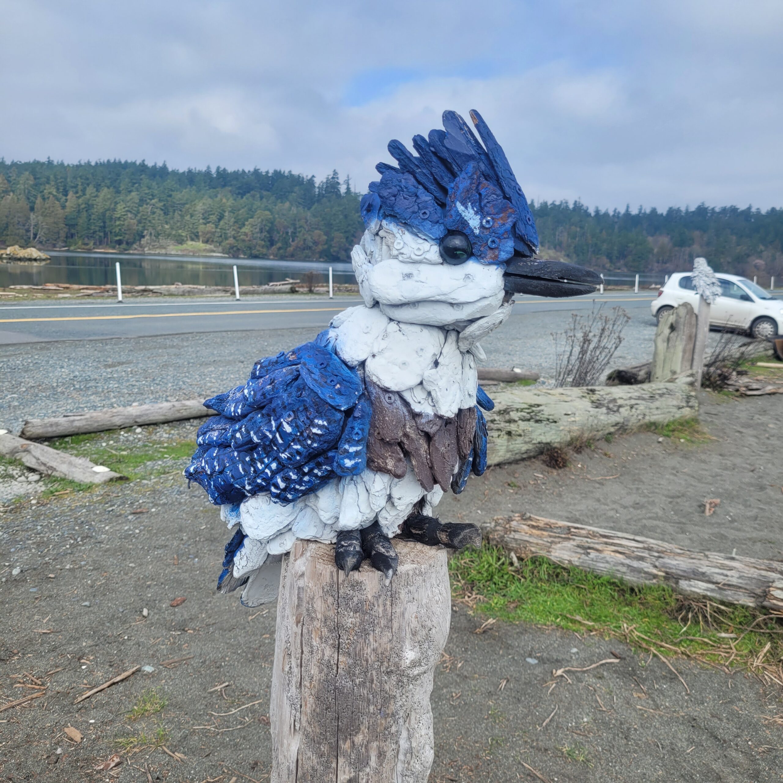 a driftwood sculpture of a blue jay