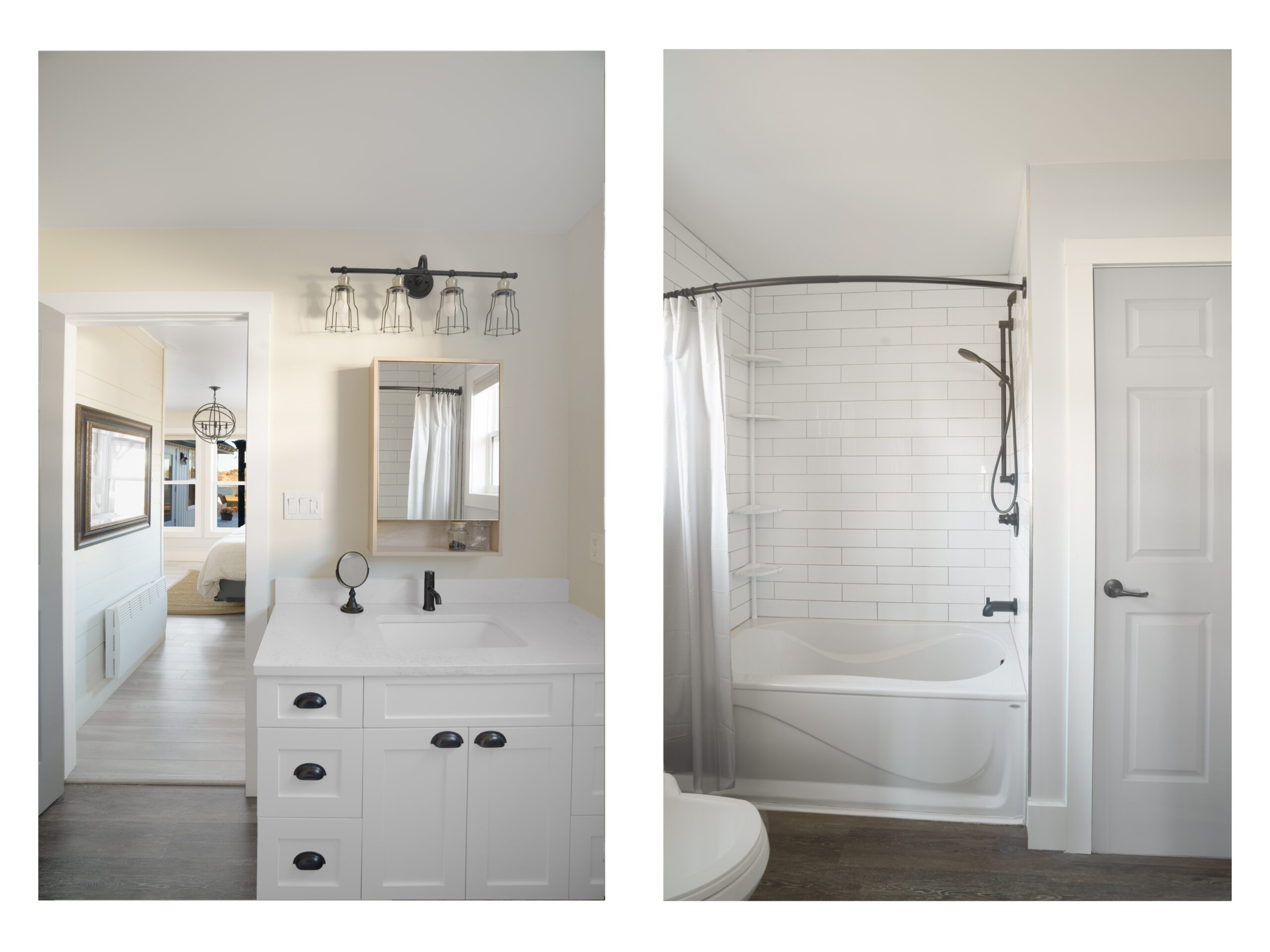 Two images showing different areas of the same bathroom, side by side. One image shows a sink with a mirror, and a doorframe leading to a bedroom. The other image shows a shower-bath combo and a toilet.